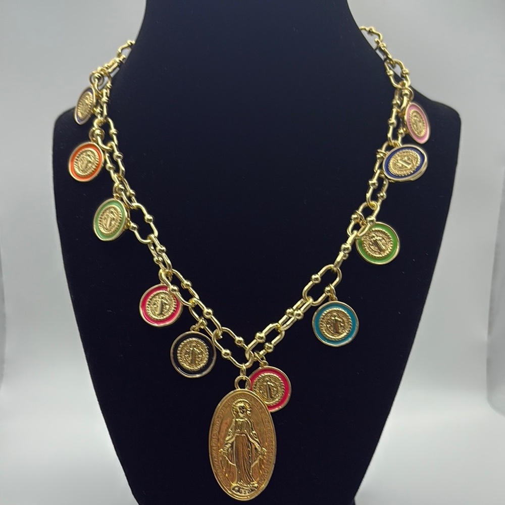 Gold and Red Charm Necklace with Vintage-Inspired Design
